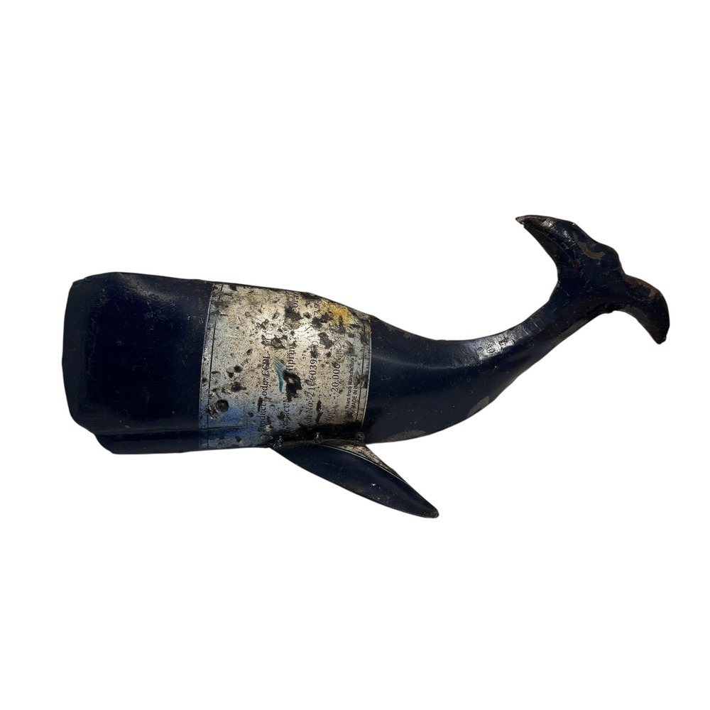 Handcrafted Upcycled Metal Blue Whale Sculpture Nautical Coastal Decor 14.5in